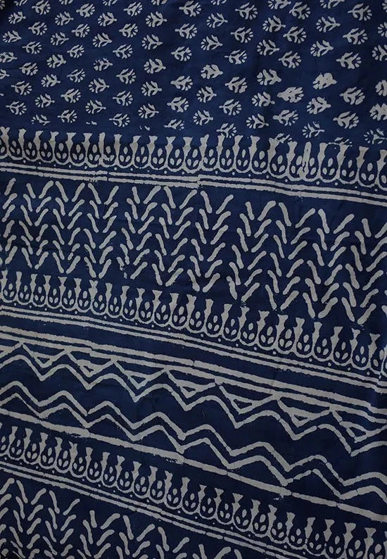 Indigo Florals - Dabu Hand Block Print Mulmul Cotton Bagru Saree - Image 7