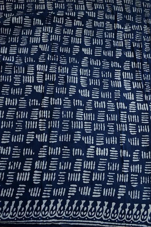 Indigo Florals - Dabu Hand Block Print Mulmul Cotton Bagru Saree - Image 8