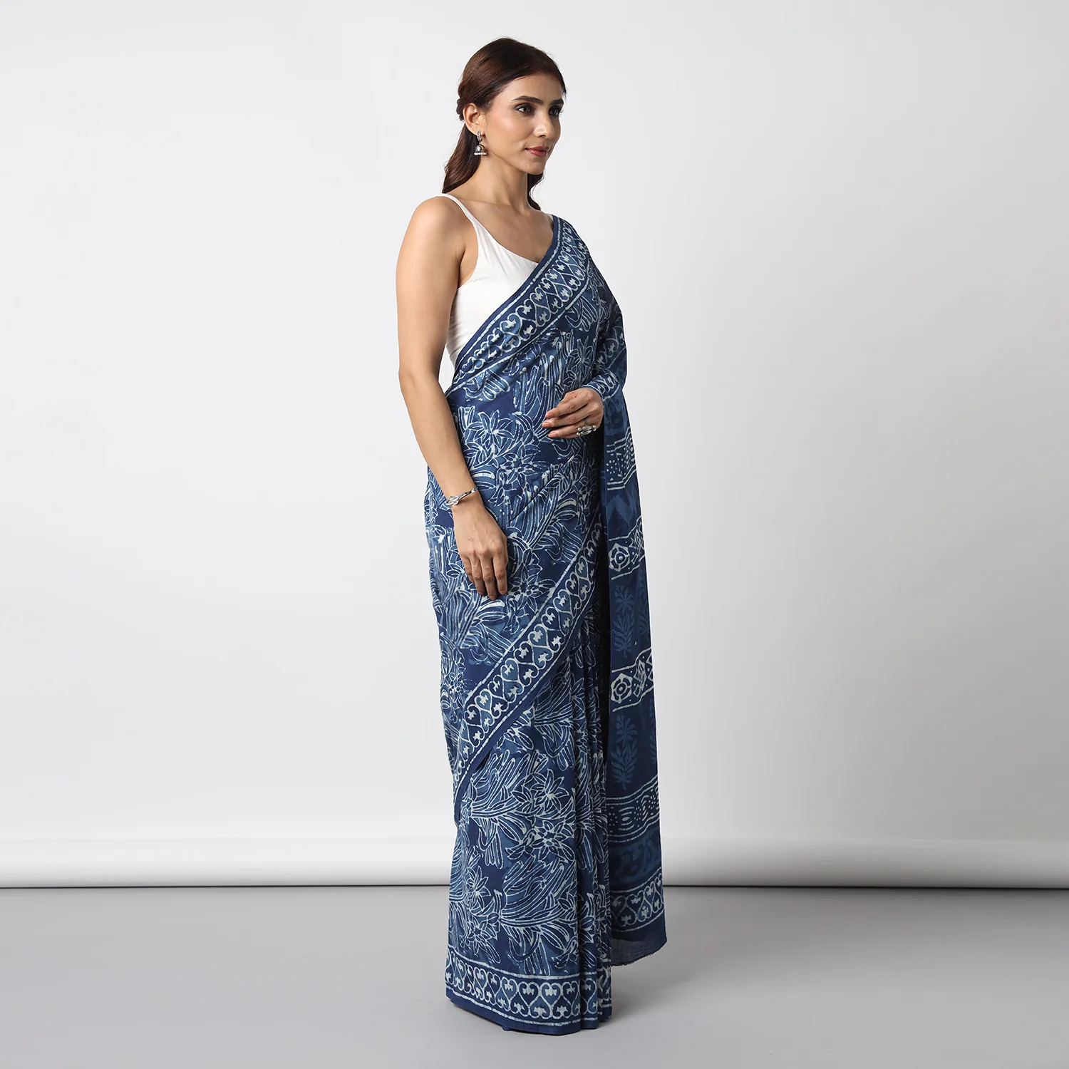 Indigo Illusion - Hand Block Print Mulmul Cotton Bagru Saree - Image 3