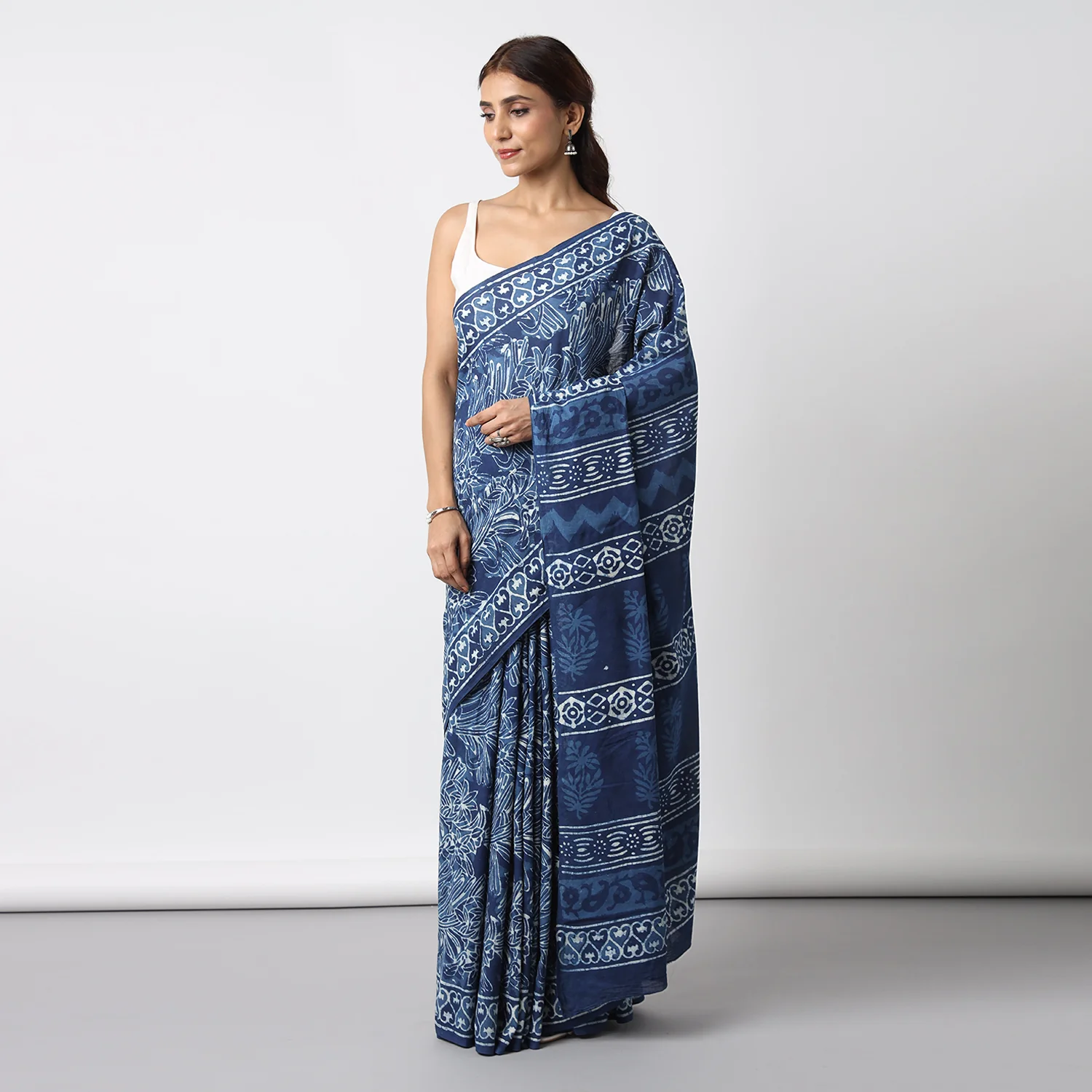 Indigo Illusion - Hand Block Print Mulmul Cotton Bagru Saree - Image 4