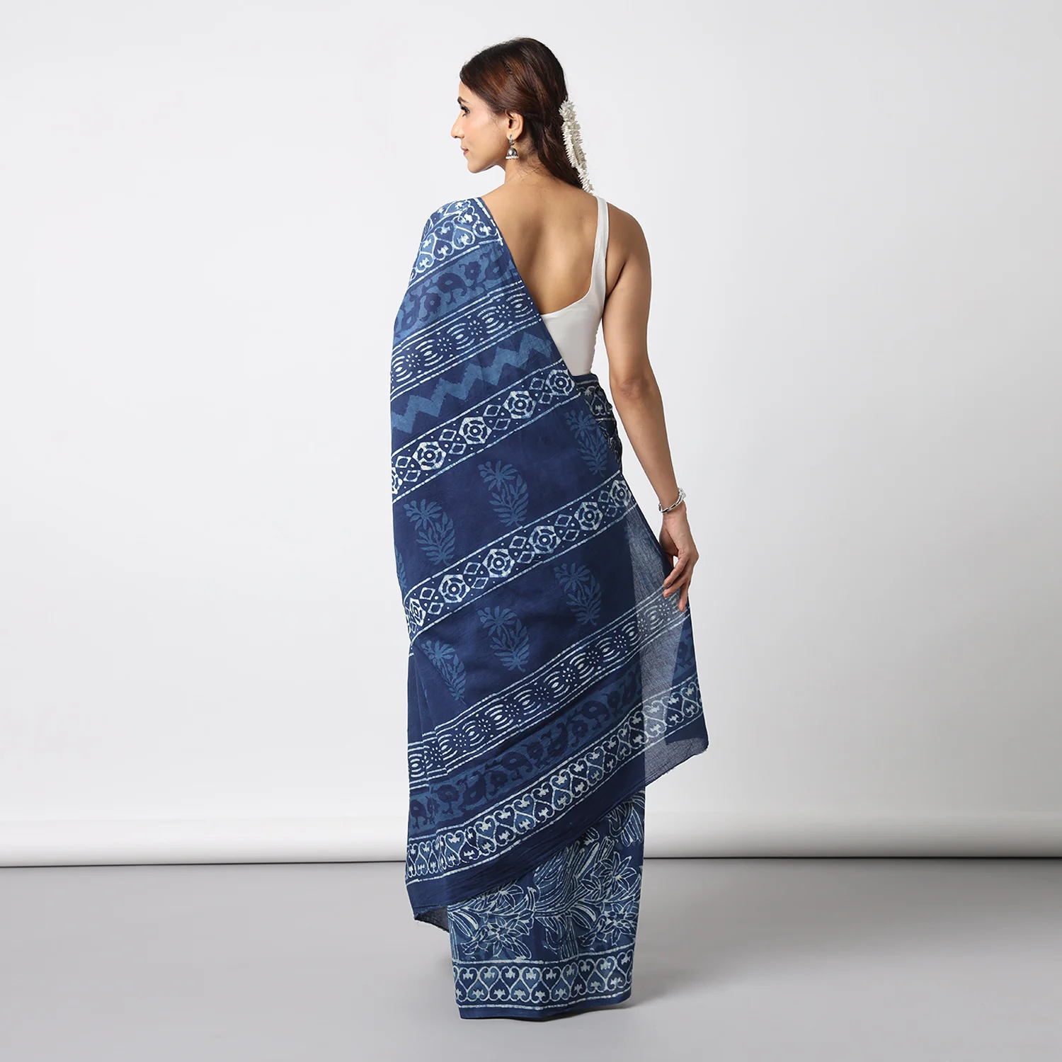 Indigo Illusion - Hand Block Print Mulmul Cotton Bagru Saree - Image 5