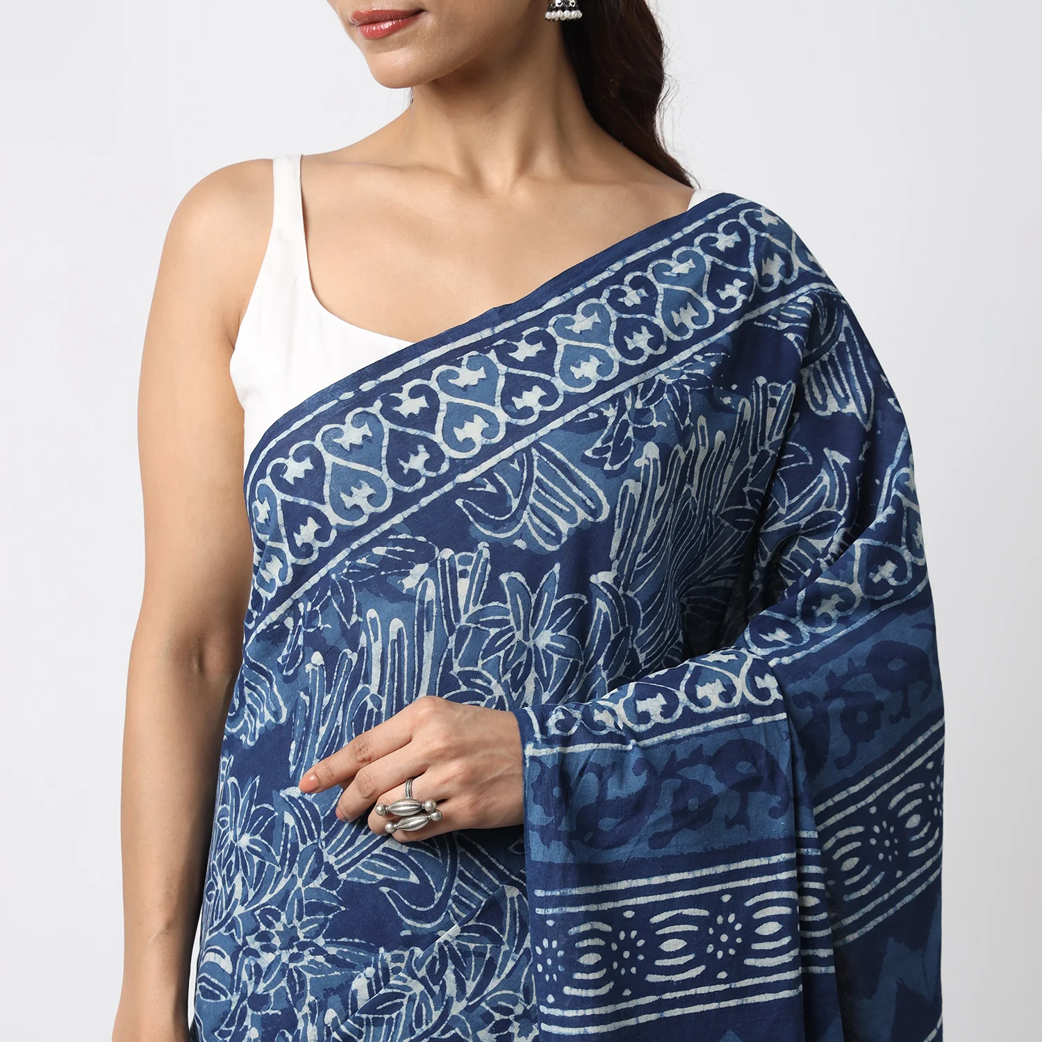 Indigo Illusion - Hand Block Print Mulmul Cotton Bagru Saree - Image 6