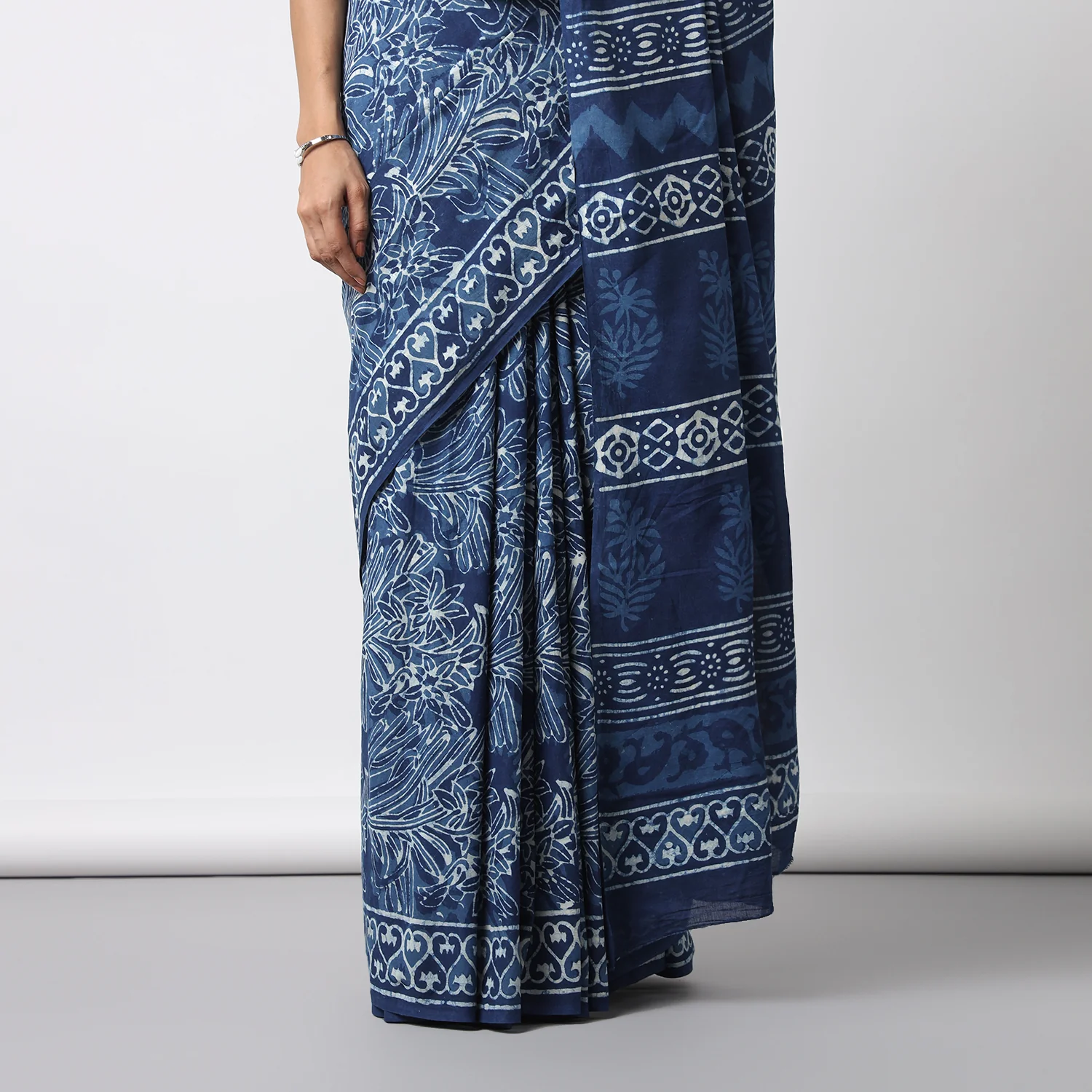 Indigo Illusion - Hand Block Print Mulmul Cotton Bagru Saree - Image 7