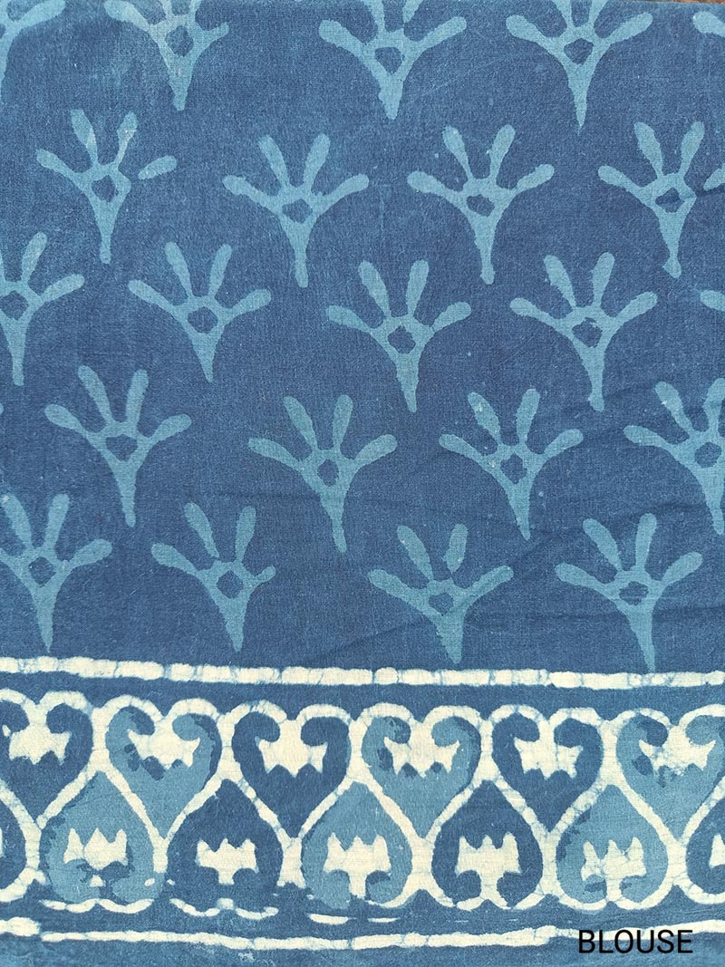 Indigo Illusion - Hand Block Print Mulmul Cotton Bagru Saree - Image 9