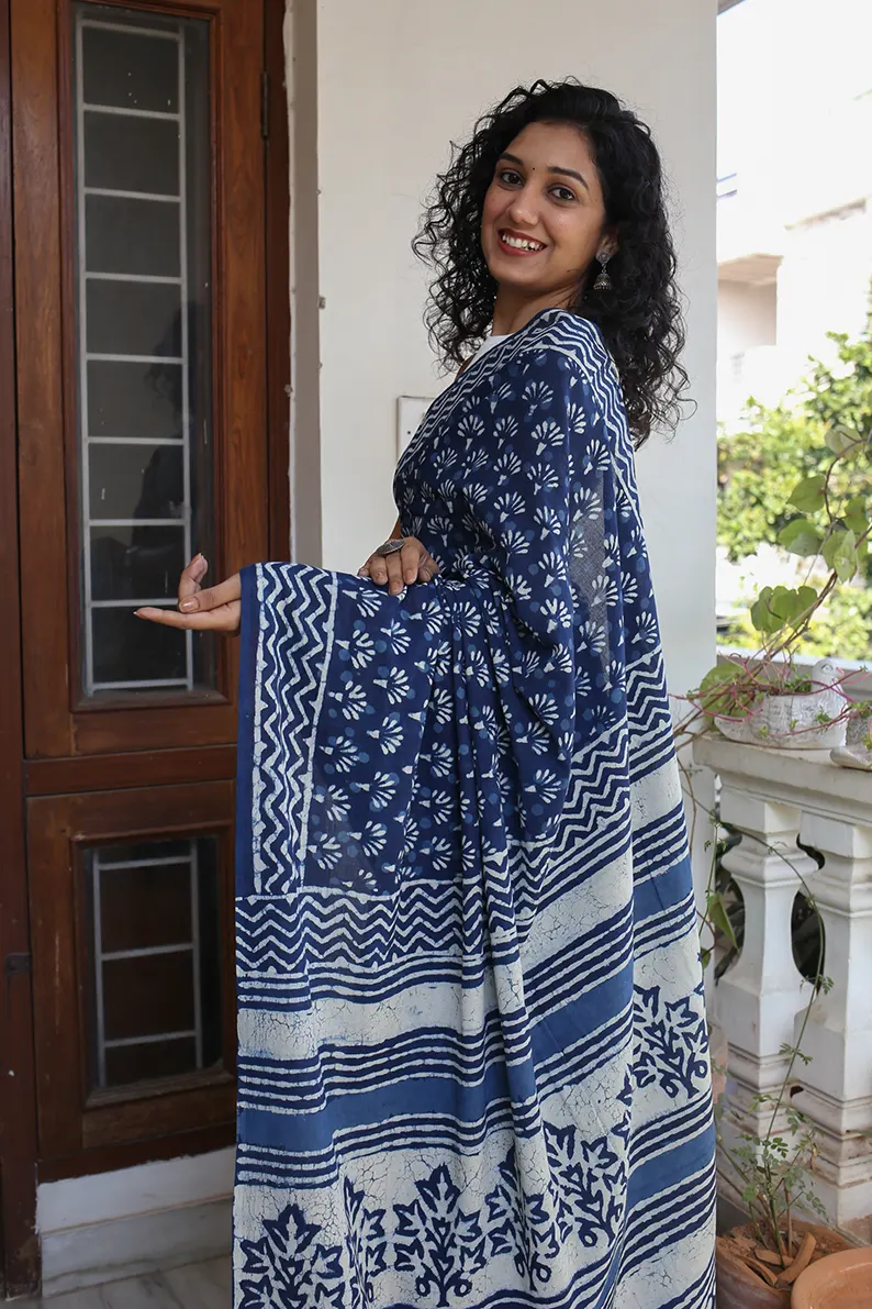 Indigo Muse - Dabu Hand Block Print Mulmul Cotton Bagru Saree - Image 4