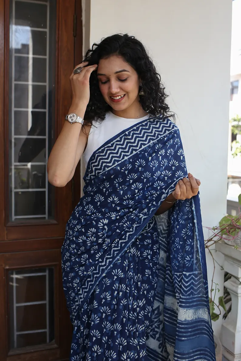 Indigo Muse - Dabu Hand Block Print Mulmul Cotton Bagru Saree - Image 5