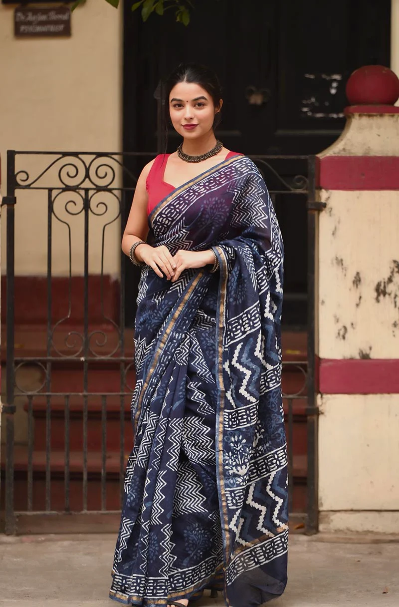 Indigo Waves - Hand Block Print Chanderi Silk Bagru Saree - Image 3