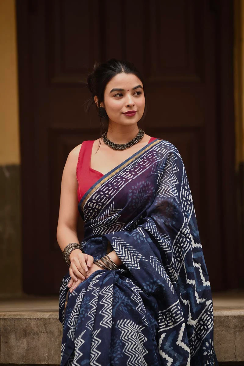 Indigo Waves - Hand Block Print Chanderi Silk Bagru Saree - Image 4