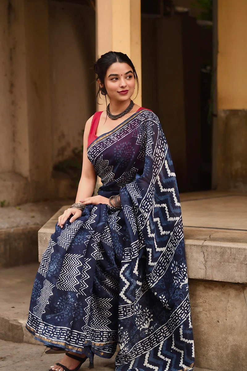 Indigo Waves - Hand Block Print Chanderi Silk Bagru Saree - Image 5