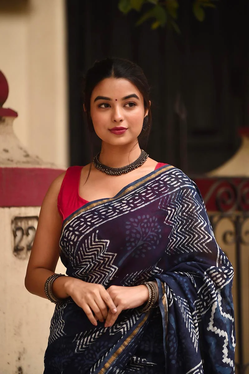 Indigo Waves - Hand Block Print Chanderi Silk Bagru Saree - Image 6