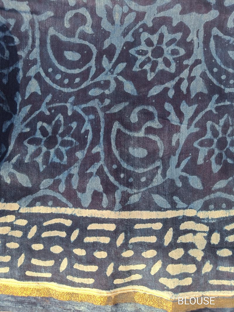 Indigo Waves - Hand Block Print Chanderi Silk Bagru Saree - Image 8