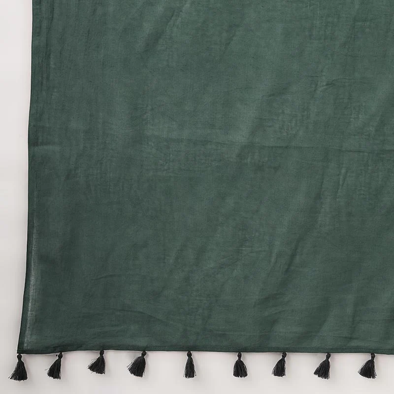 Kerala Calling - Dark Green Mulmul Cotton Saree with Tassels - Image 9