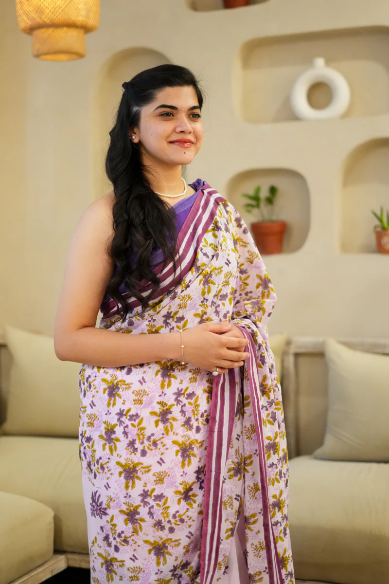 Lavender Blooms Hand Block Print Mulmul Cotton Saree - Image 4