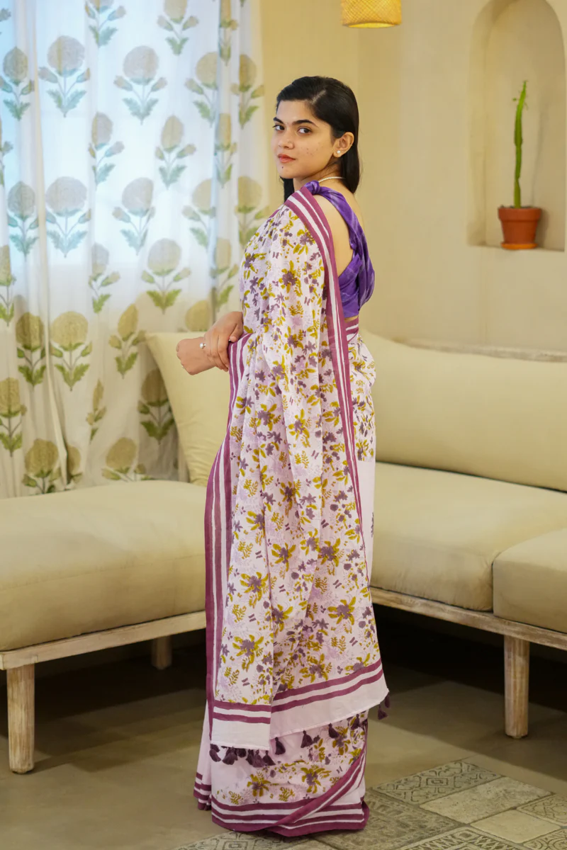 Lavender Blooms Hand Block Print Mulmul Cotton Saree - Image 3