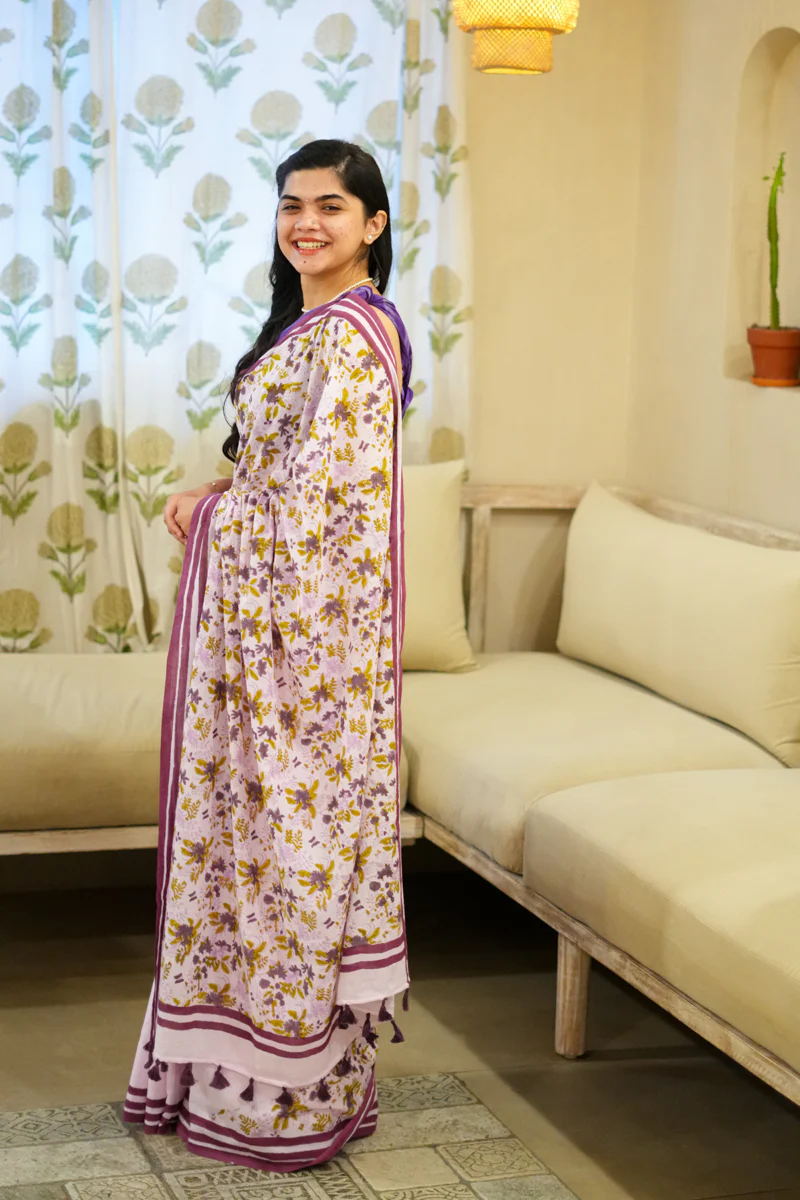 Lavender Blooms Hand Block Print Mulmul Cotton Saree - Image 6