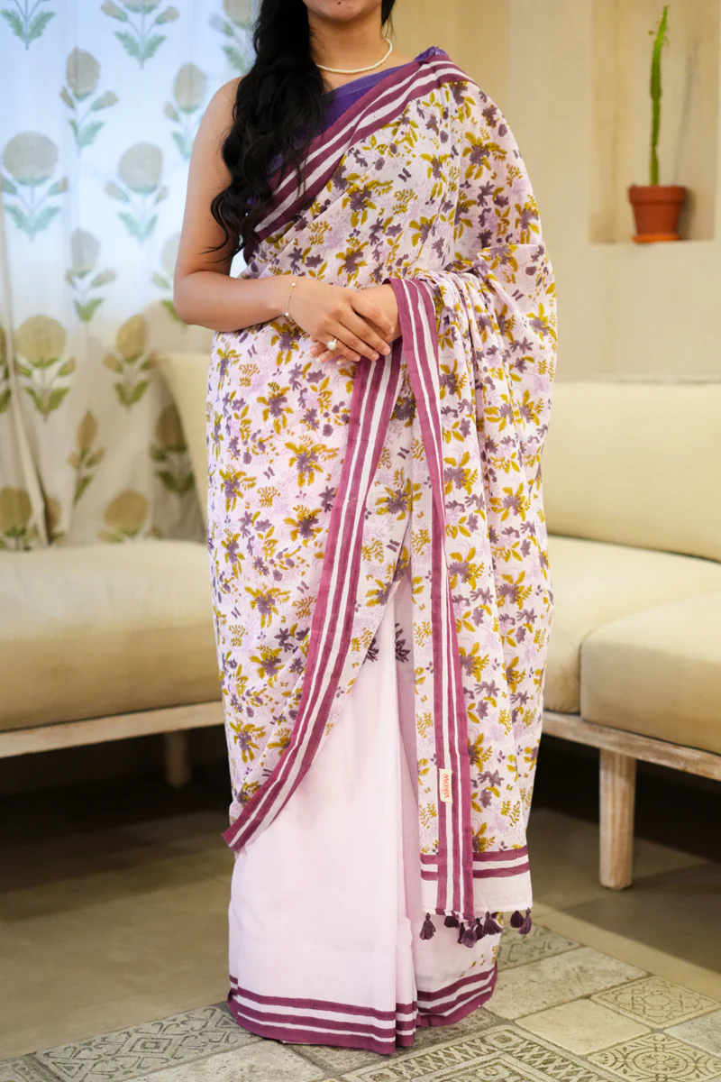Lavender Blooms Hand Block Print Mulmul Cotton Saree - Image 7