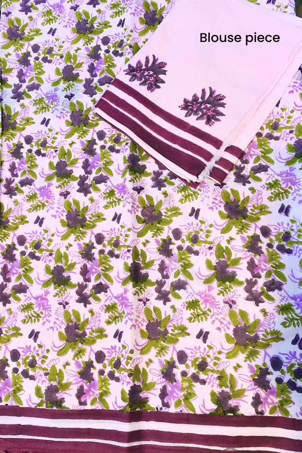 Lavender Blooms Hand Block Print Mulmul Cotton Saree - Image 8