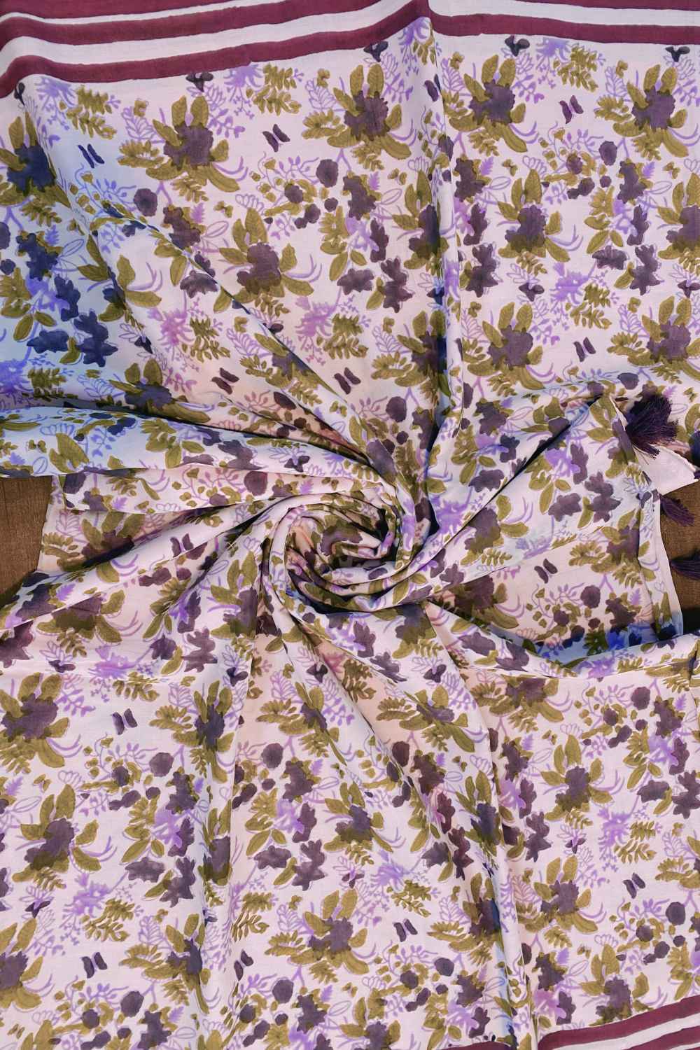 Lavender Blooms Hand Block Print Mulmul Cotton Saree - Image 9