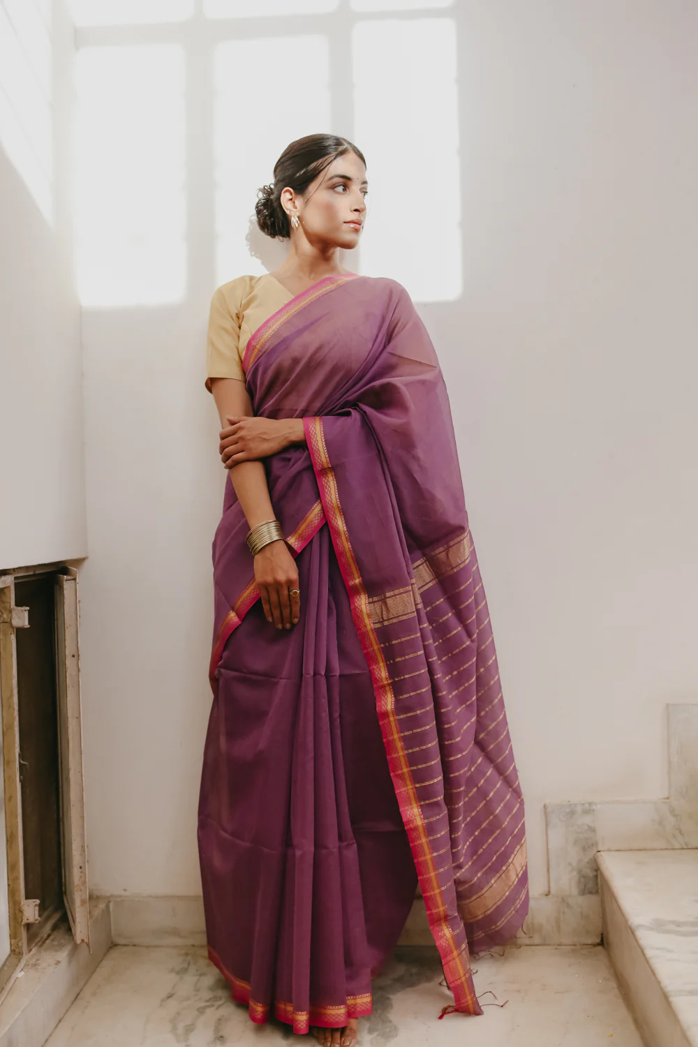 Light purple Pure Silk Cotton Maheshwari Saree - Image 3