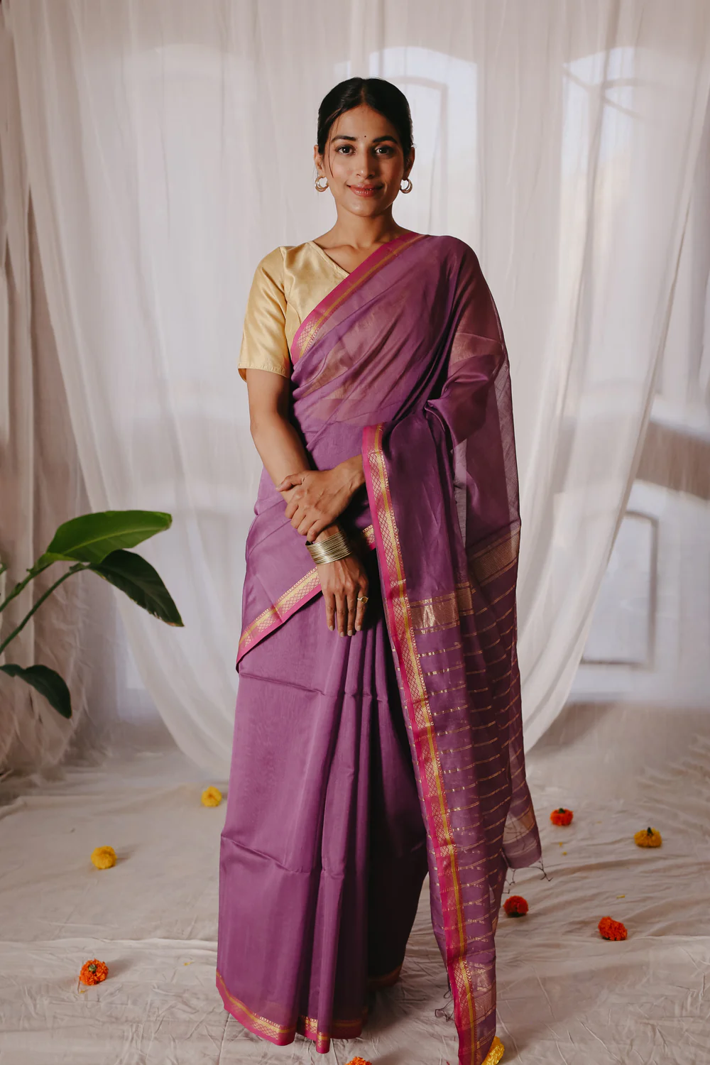 Light purple Pure Silk Cotton Maheshwari Saree - Image 4