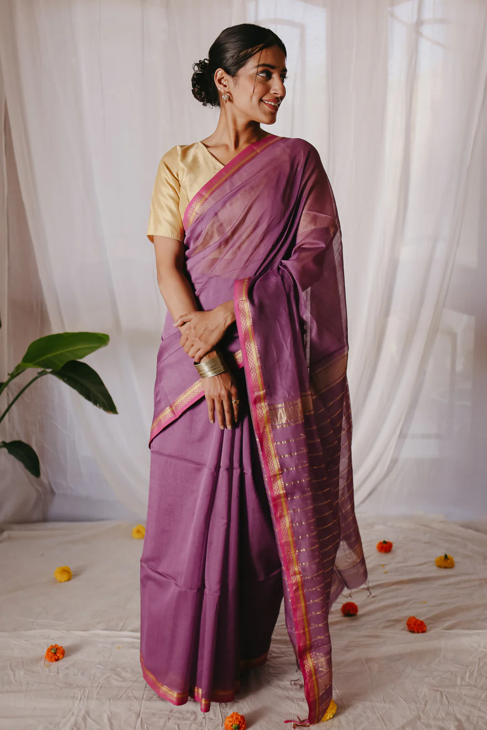 Light purple Pure Silk Cotton Maheshwari Saree - Image 5