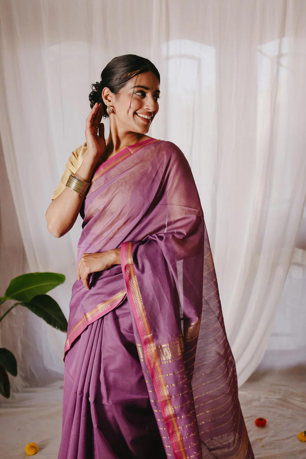 Light purple Pure Silk Cotton Maheshwari Saree - Image 7