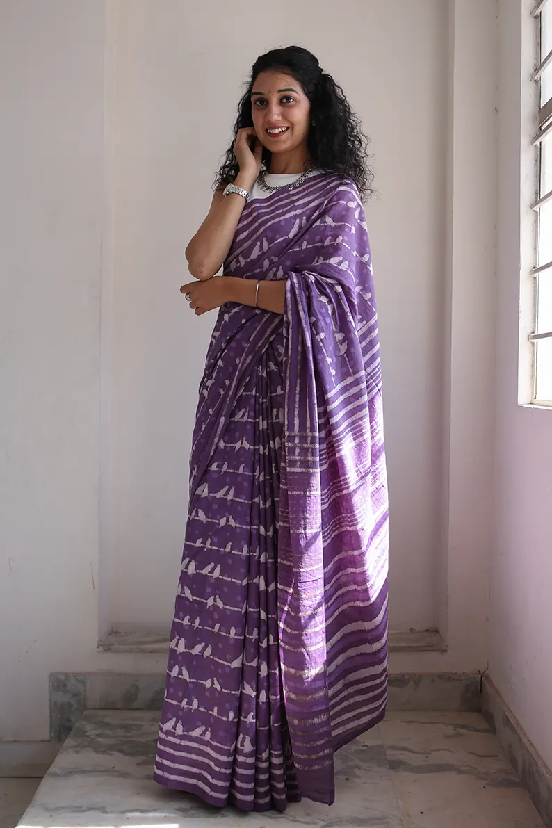 Little Birdies - Hand Block Print Mulmul Cotton Bagru Saree - Image 6