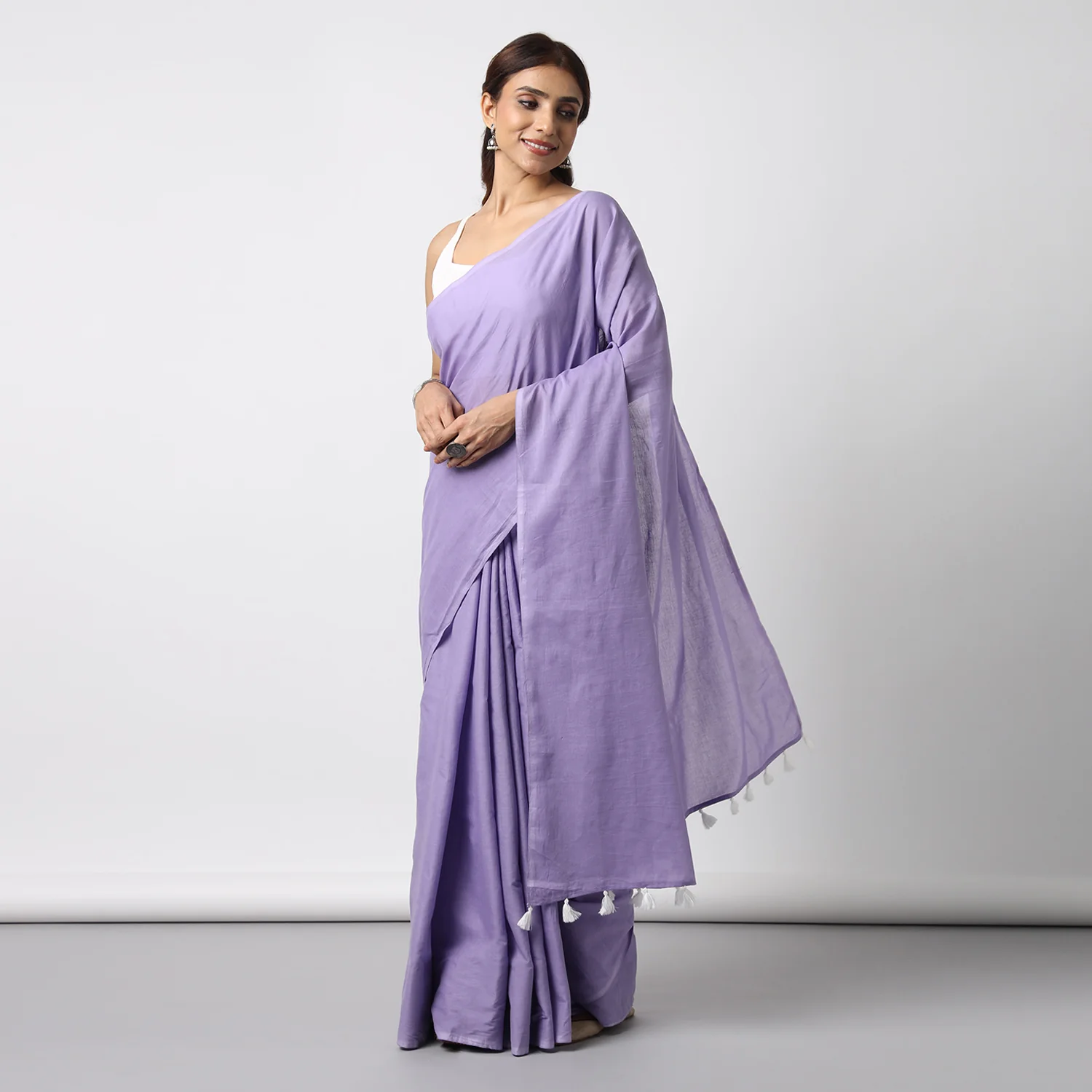 Lost in Lavender - Lavender Mulmul Cotton Saree with Tassels - Image 4