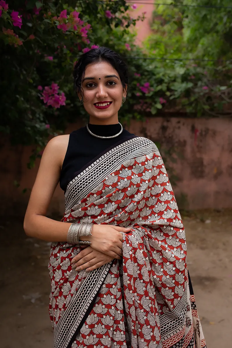 Lotus Sutra - Hand Block Print Mulmul Cotton Bagru Saree - Image 6