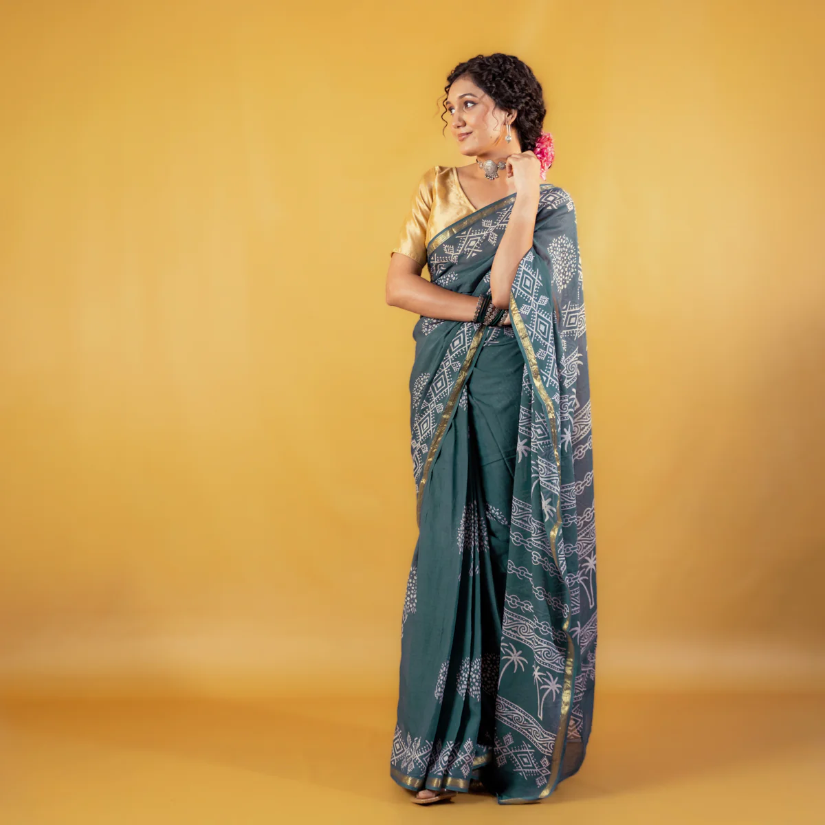 Madhavi Block Printed Saree with Zari border - Image 3