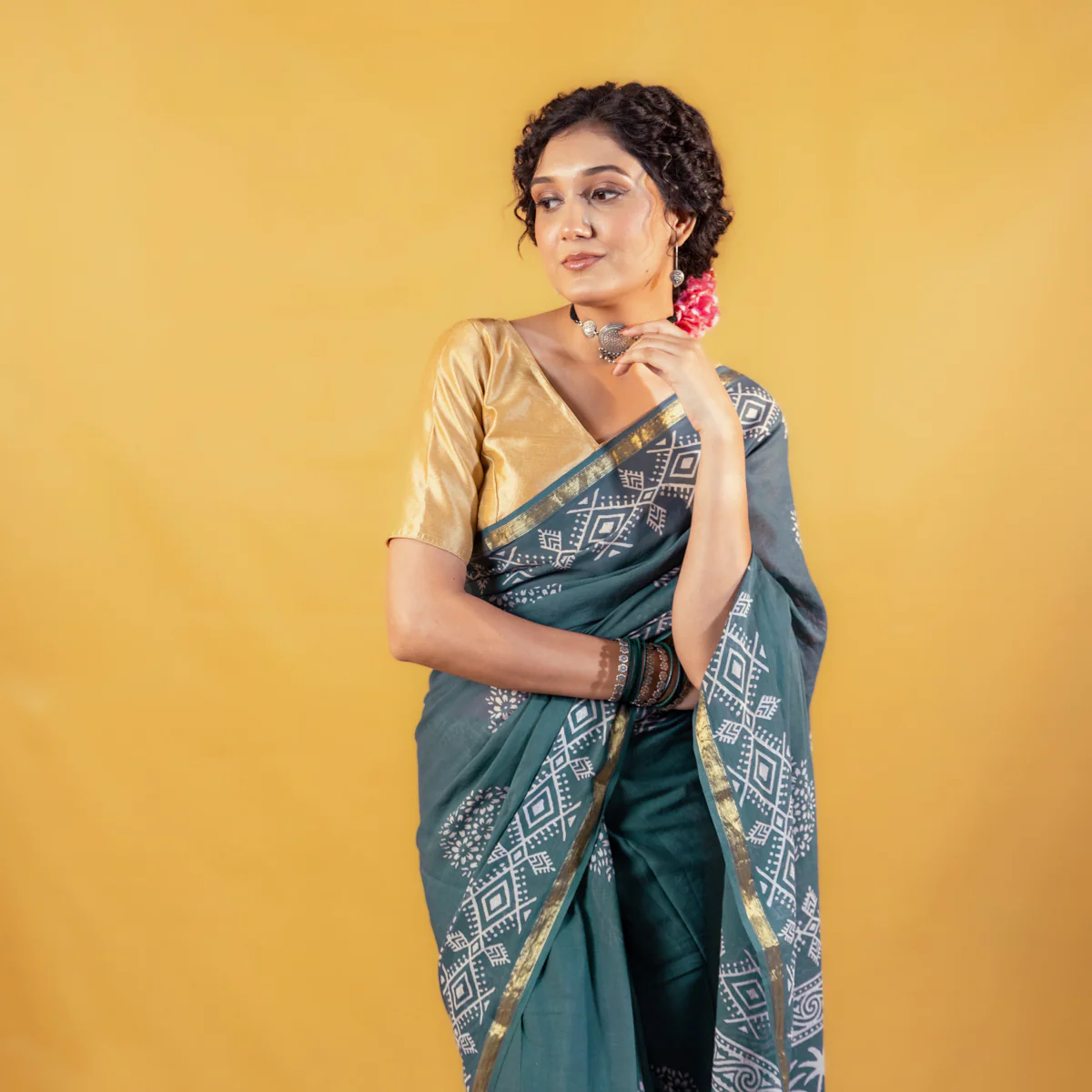 Madhavi Block Printed Saree with Zari border - Image 5
