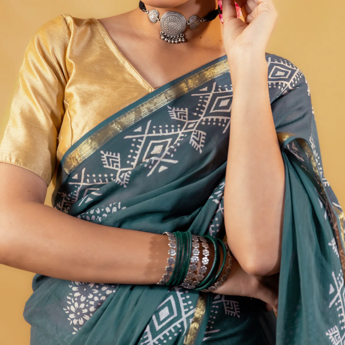 Madhavi Block Printed Saree with Zari border - Image 7