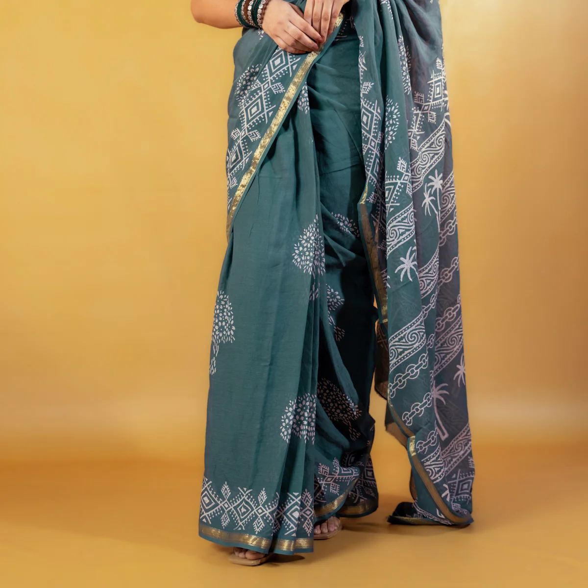 Madhavi Block Printed Saree with Zari border - Image 8
