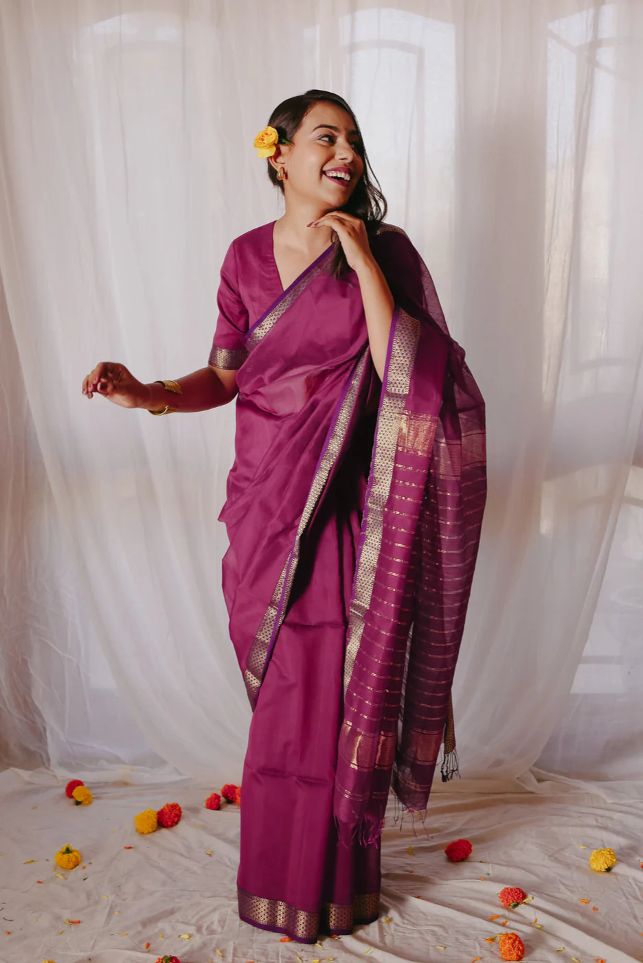 Magenta Pure Silk Cotton Maheshwari Saree - Image 3