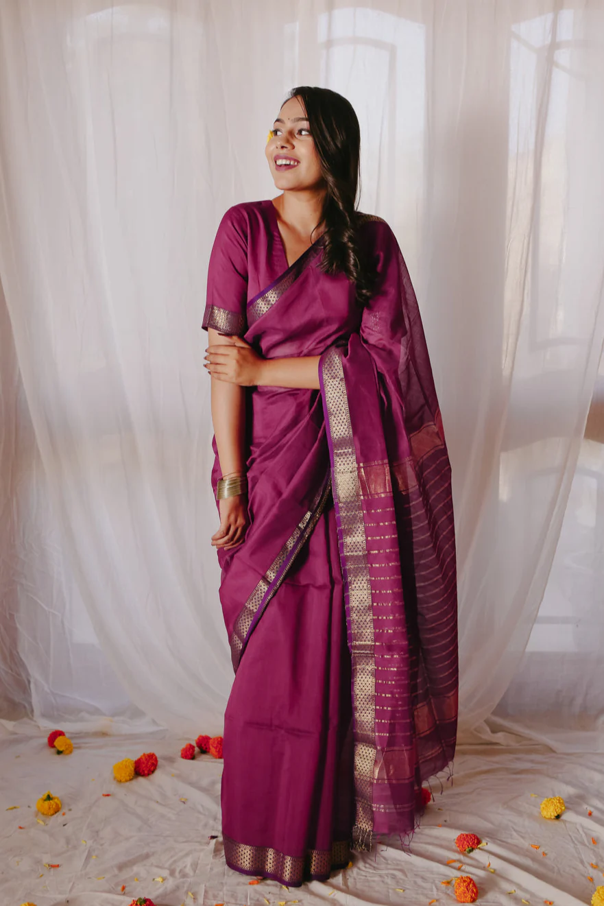 Magenta Pure Silk Cotton Maheshwari Saree - Image 4
