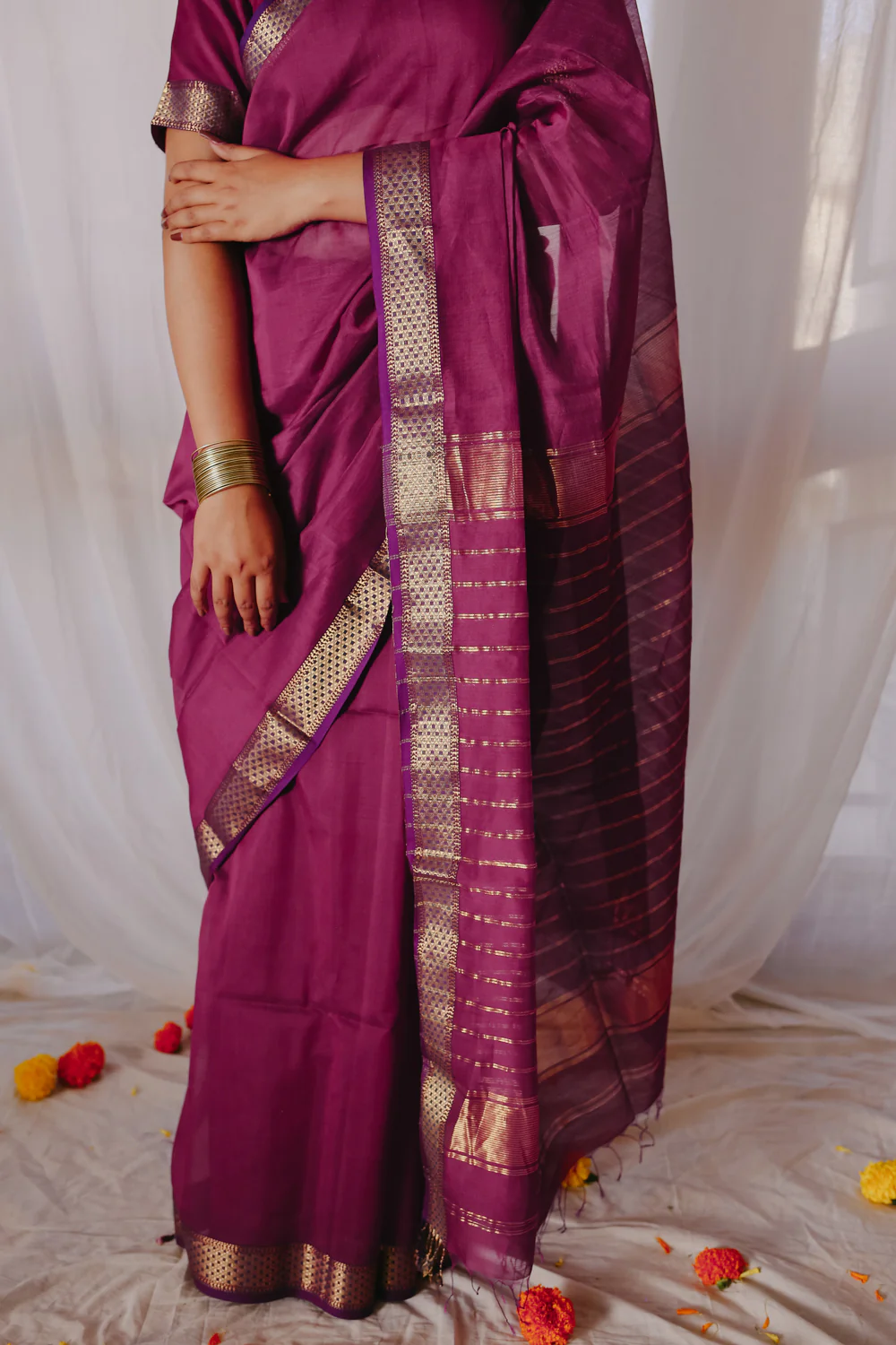 Magenta Pure Silk Cotton Maheshwari Saree - Image 6