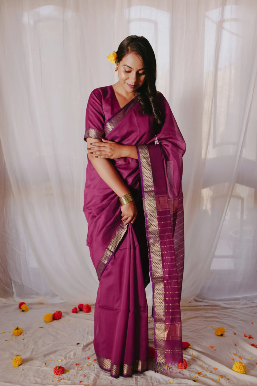 Magenta Pure Silk Cotton Maheshwari Saree - Image 7