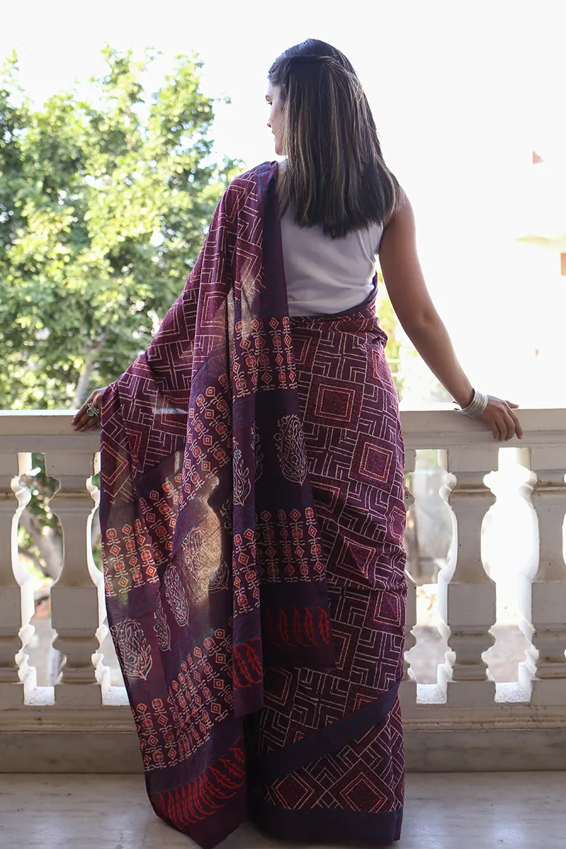 Magical Mauve - Hand Block Print Mulmul Cotton Bagru Saree - Image 3