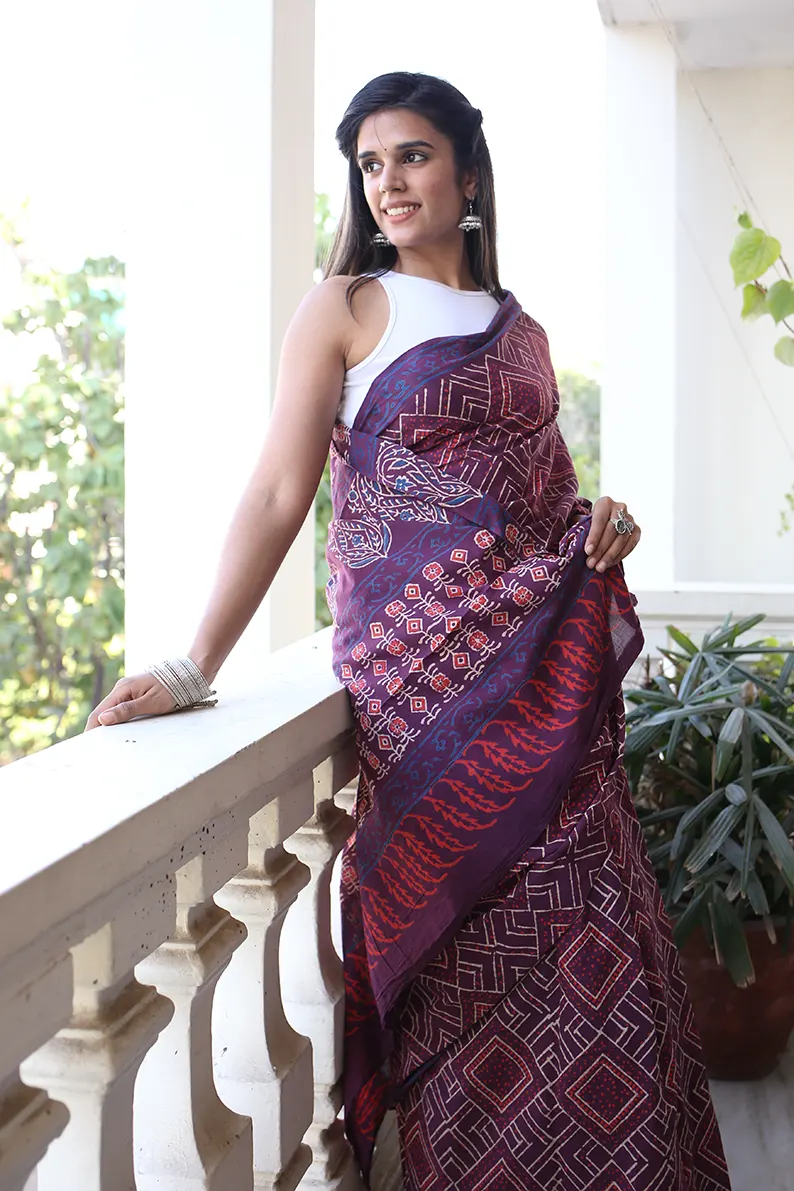 Magical Mauve - Hand Block Print Mulmul Cotton Bagru Saree - Image 6
