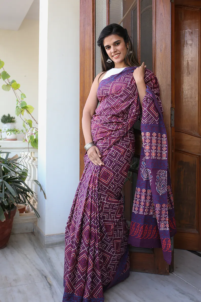Magical Mauve - Hand Block Print Mulmul Cotton Bagru Saree - Image 7