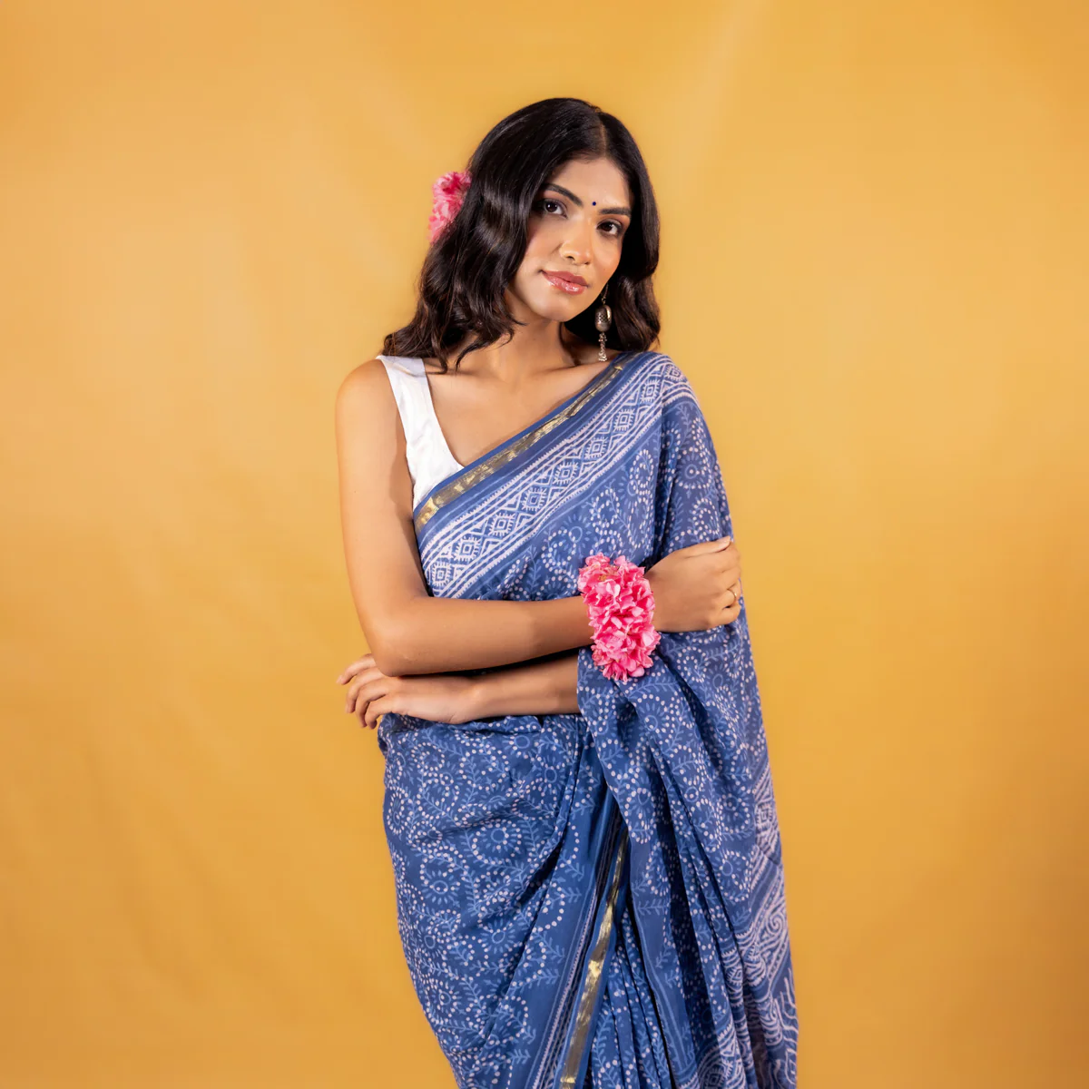 Meghali Block Printed Saree with Zari border - Image 3