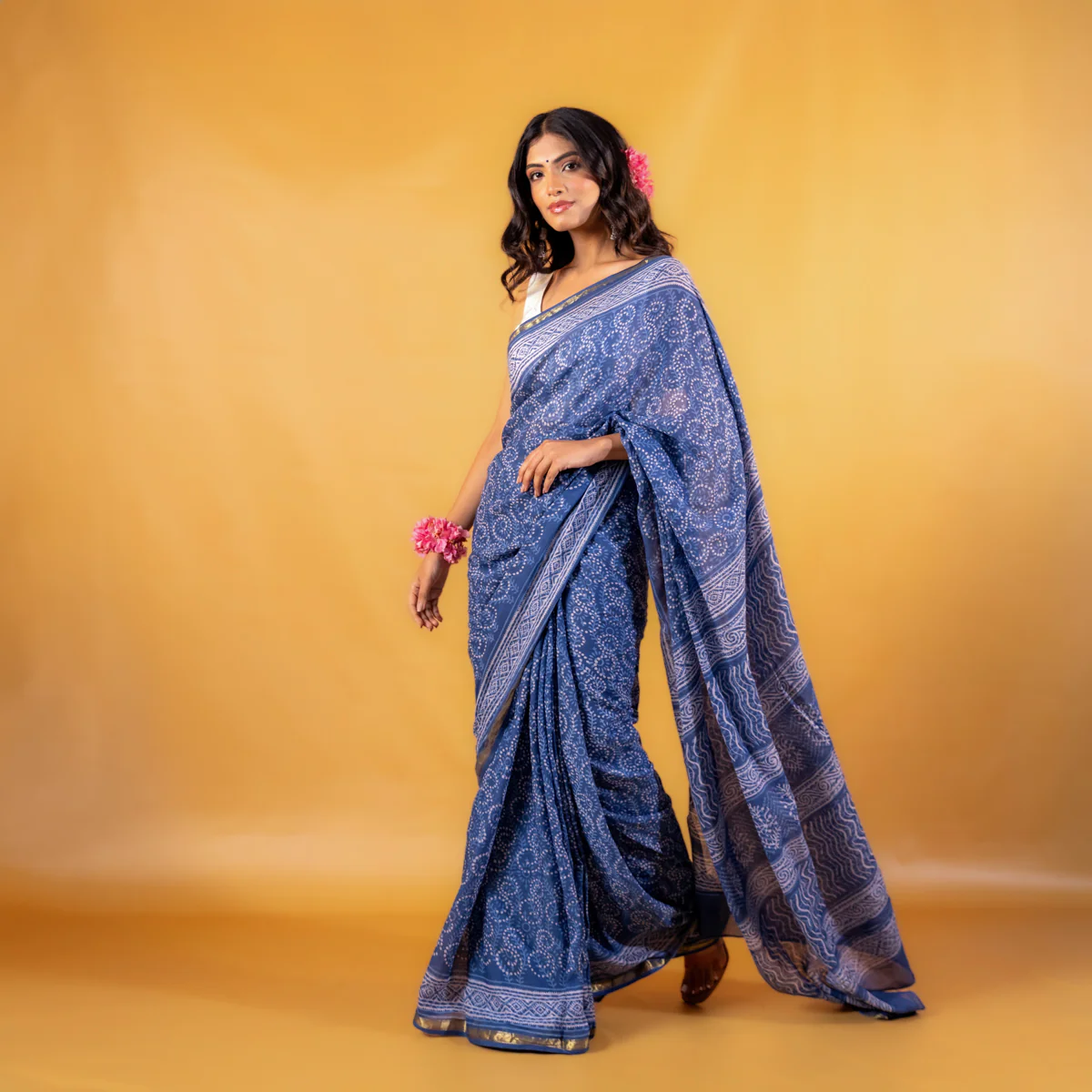 Meghali Block Printed Saree with Zari border - Image 4