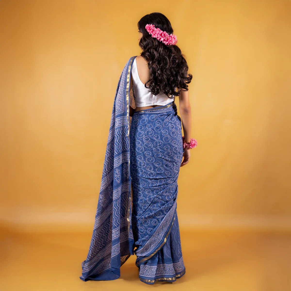Meghali Block Printed Saree with Zari border - Image 5