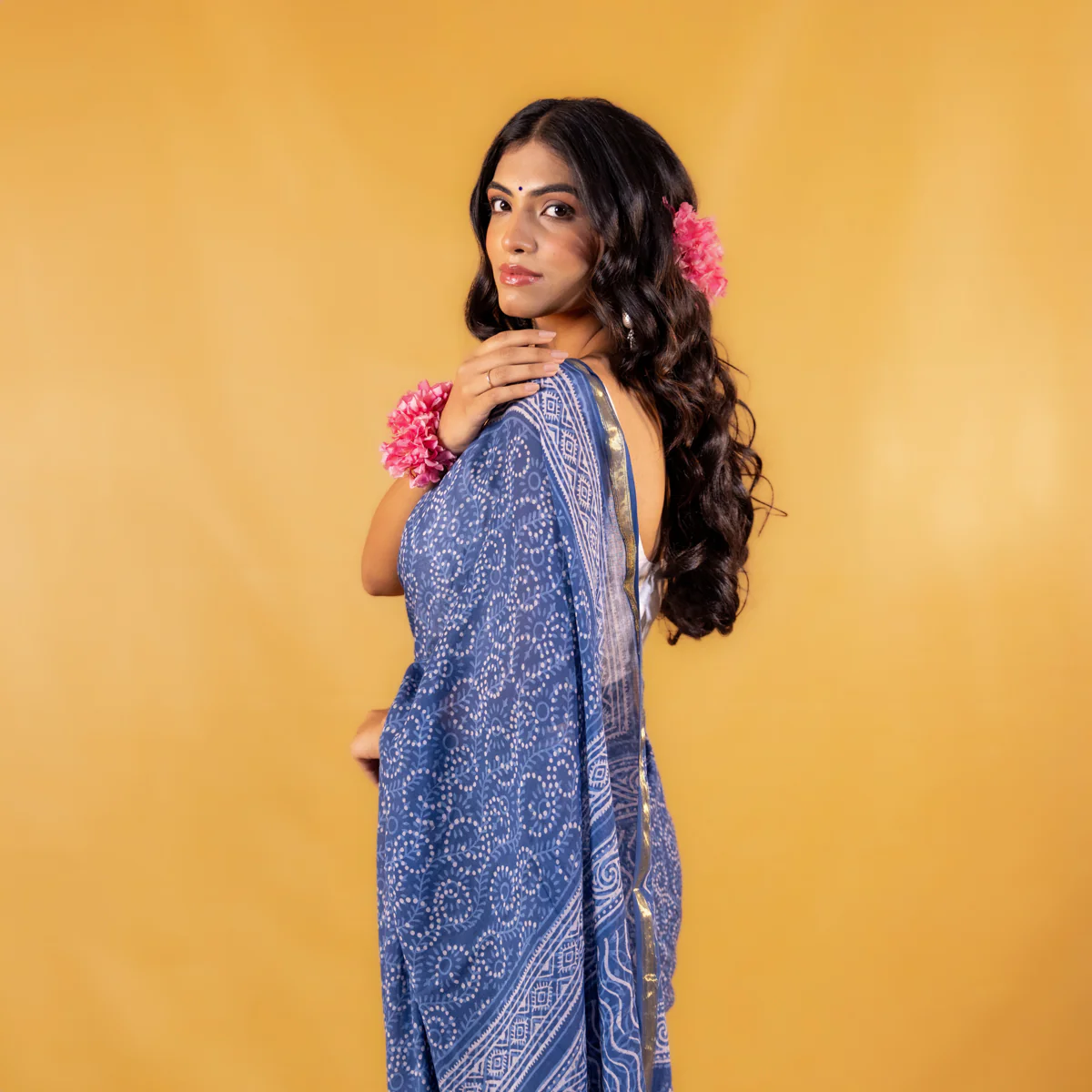 Meghali Block Printed Saree with Zari border - Image 6