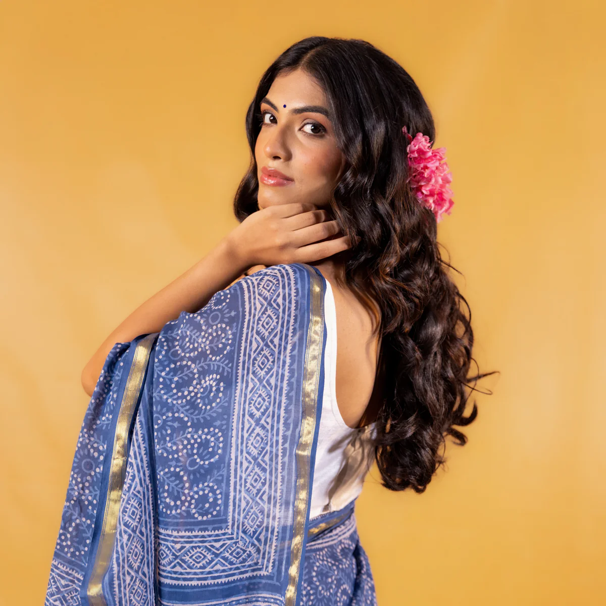 Meghali Block Printed Saree with Zari border - Image 7