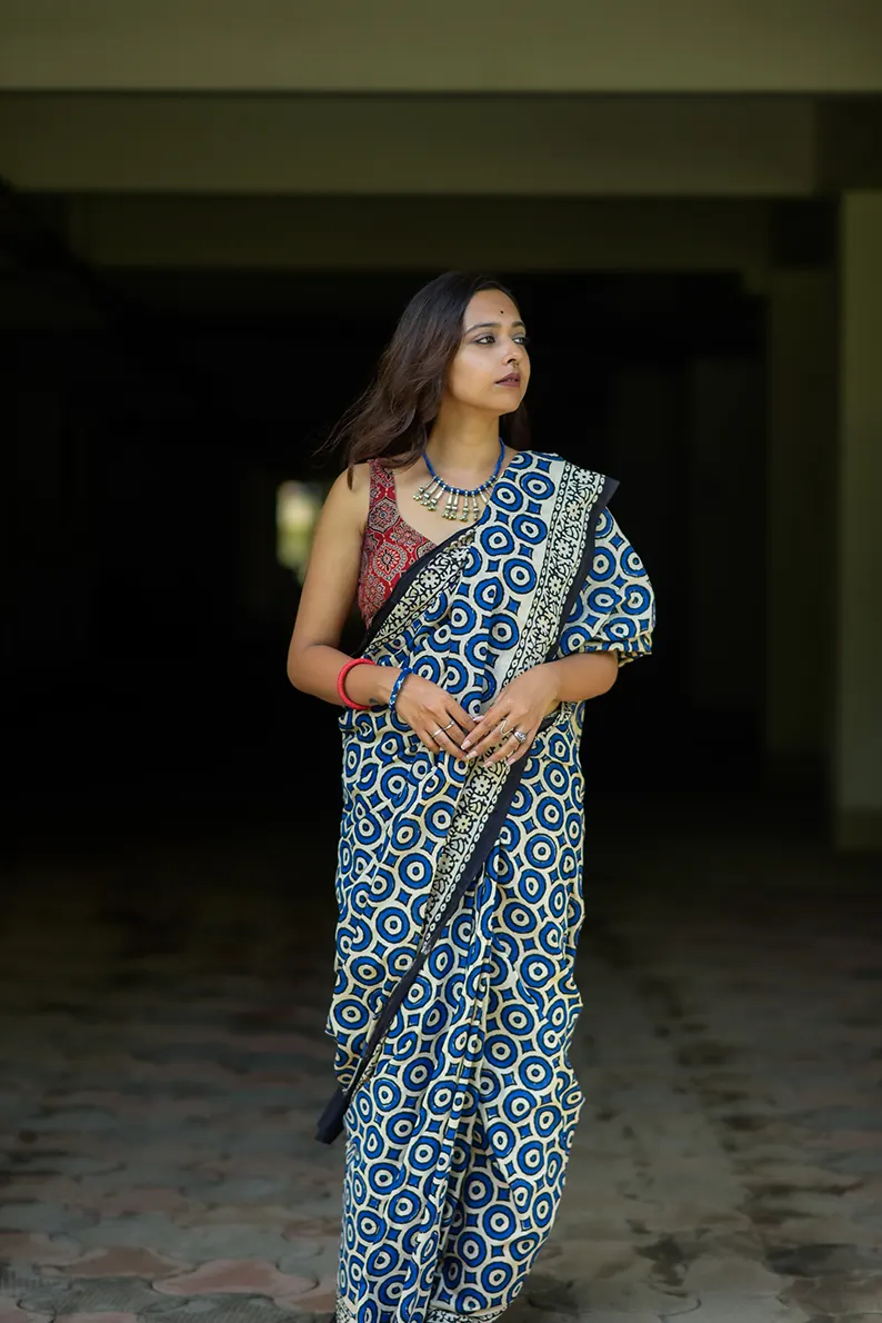 Merry Go Round - Hand Block Print Mulmul Cotton Bagru Saree - Image 5