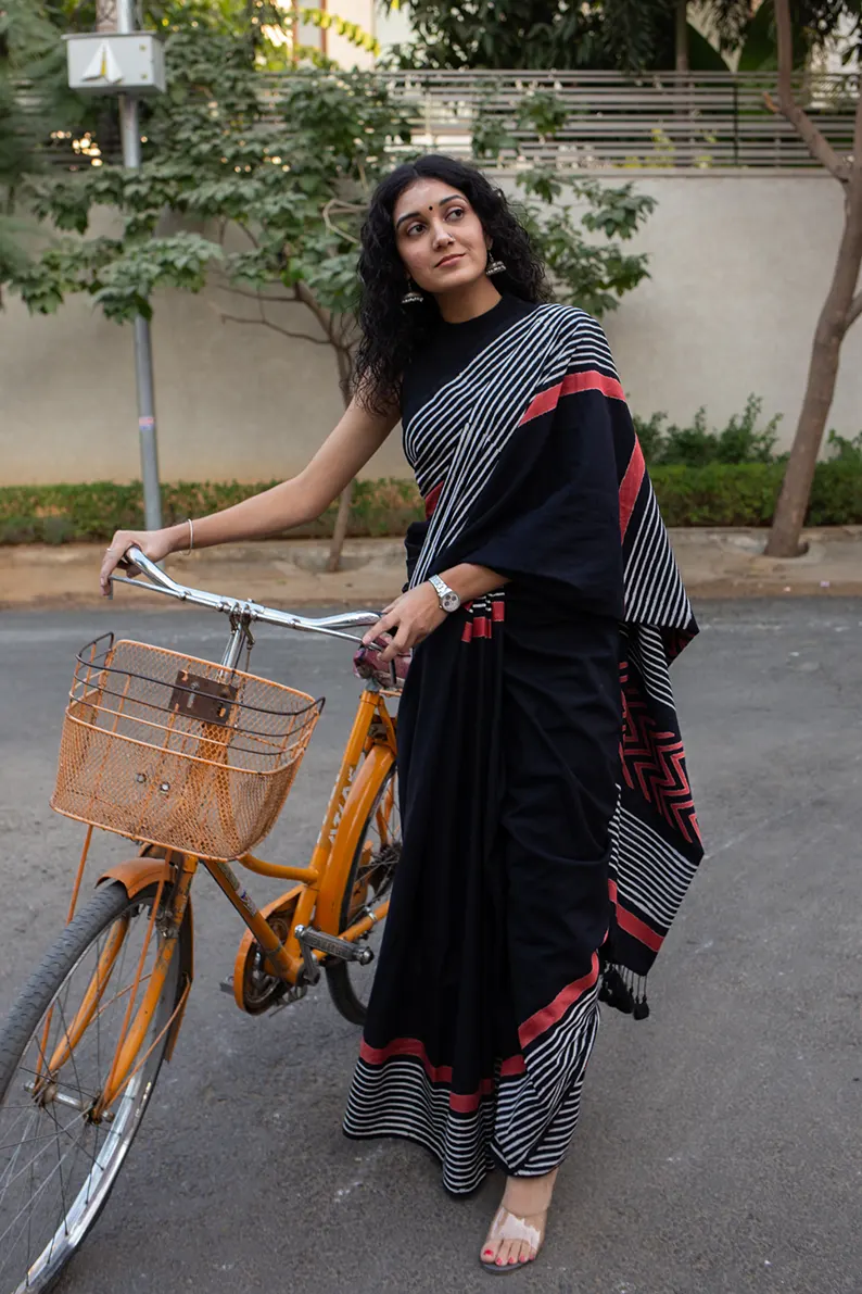 Lady in Black - Hand Block Print Mulmul Cotton Bagru Saree - Image 3