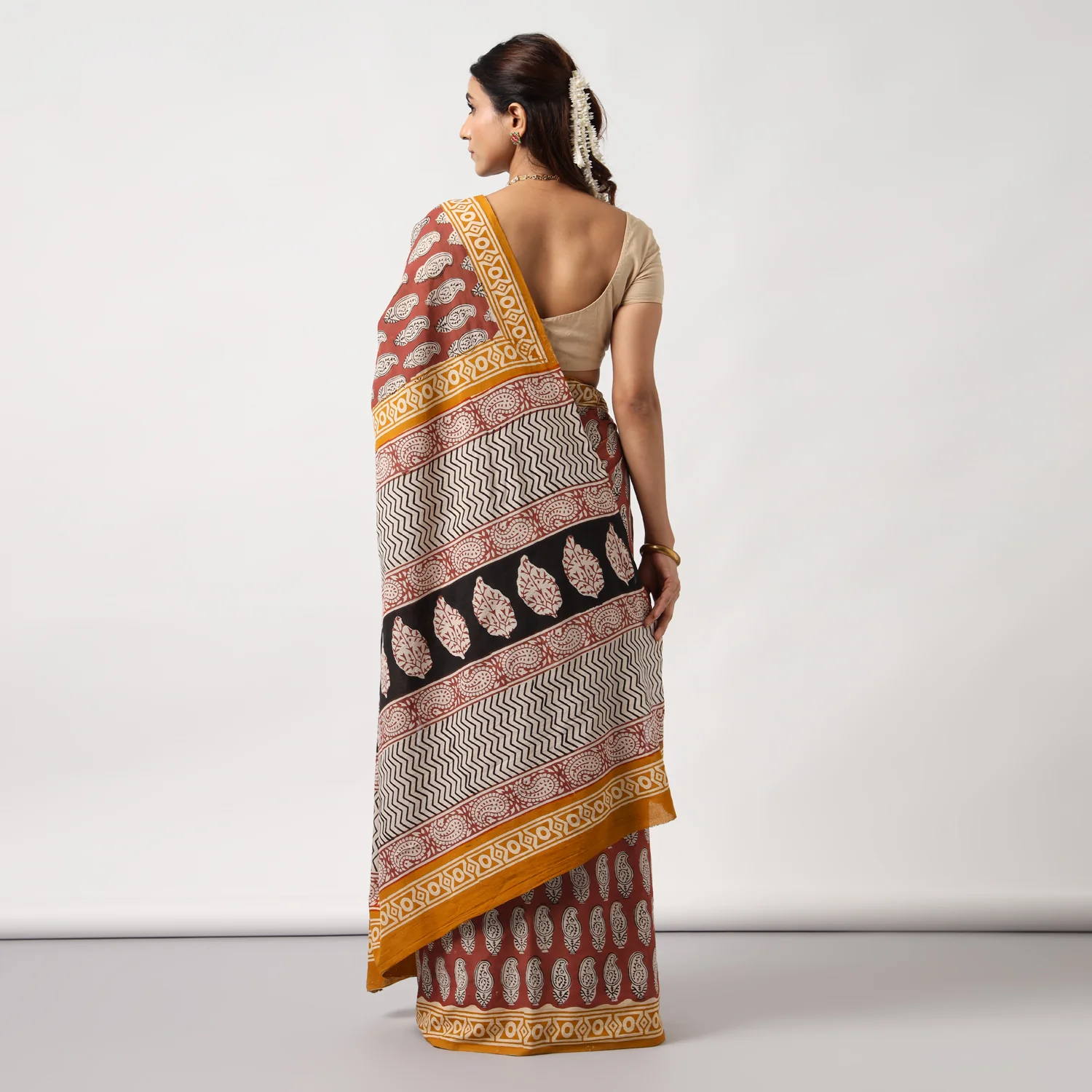 Princess in Red - Dabu Hand Block Print Mulmul Cotton Bagru Saree - Image 5