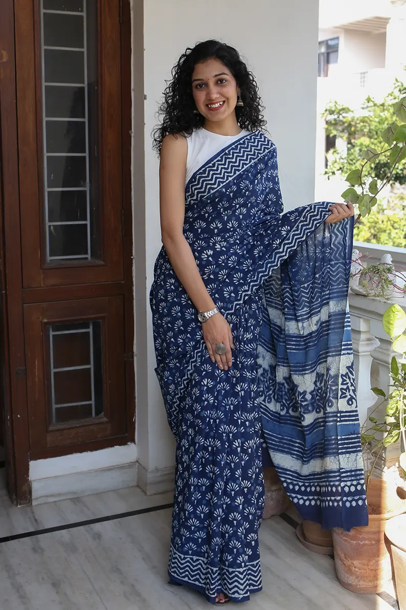 Indigo Muse - Dabu Hand Block Print Mulmul Cotton Bagru Saree - Image 3