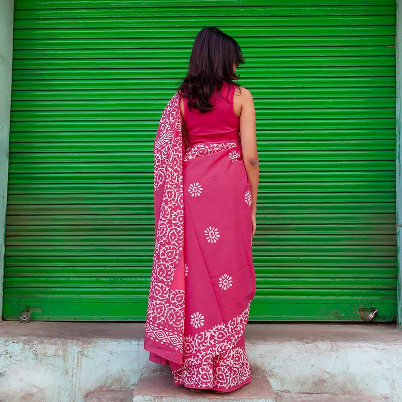 Mohini Hand Block Print Pink Mul Mul Cotton Saree - Image 3